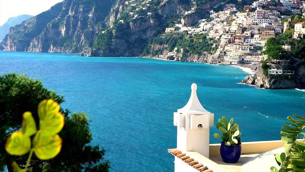 Villa Treville wedding video Positano. A stunning view of the town of Positano from the terrace of Villa Treville.
